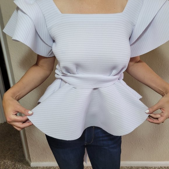 Shein White Top XS Stripe Short Sleeve Avant Garde Peplum Foam Womens - Picture 5 of 8